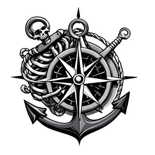 skeleton, compass, and anchor intertwined tattoo design idea