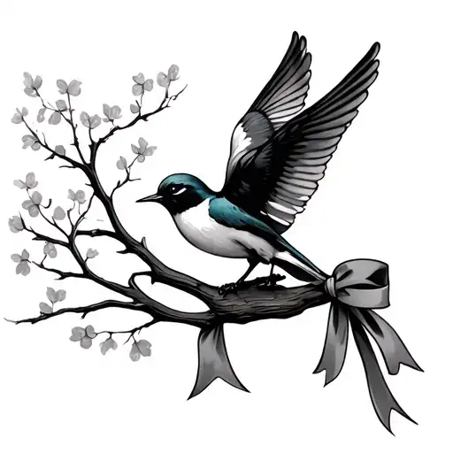 swallows with a ribbon and tree tattoo design idea