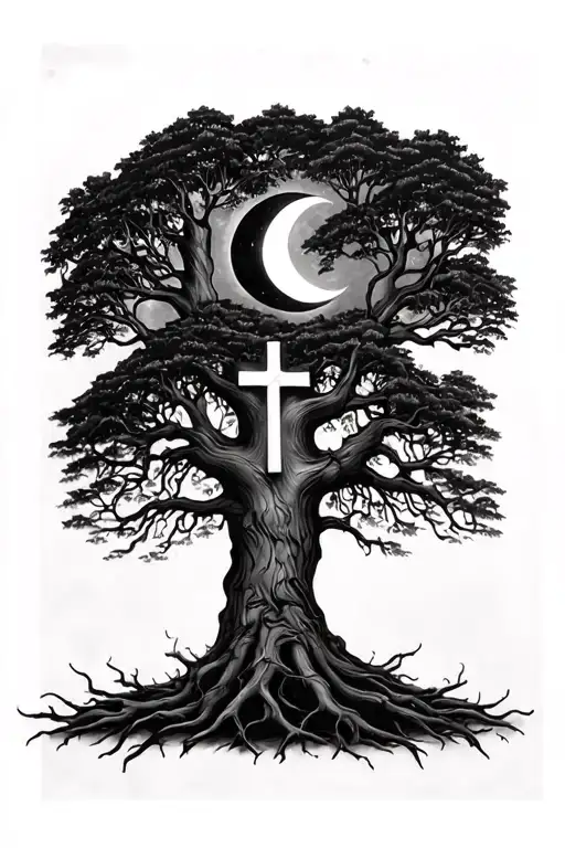 gothic forest tree with cross and crescent moon.  tattoo design idea