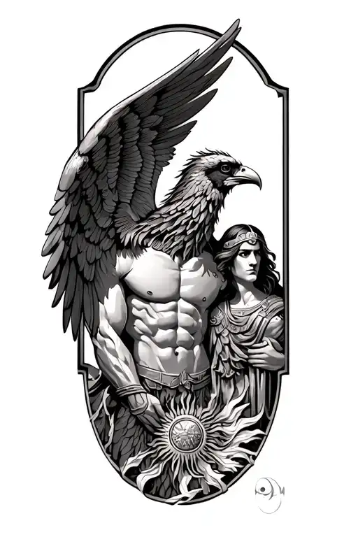 wing under my arm, Greek warrior, phoenix and a sun tattoo design idea