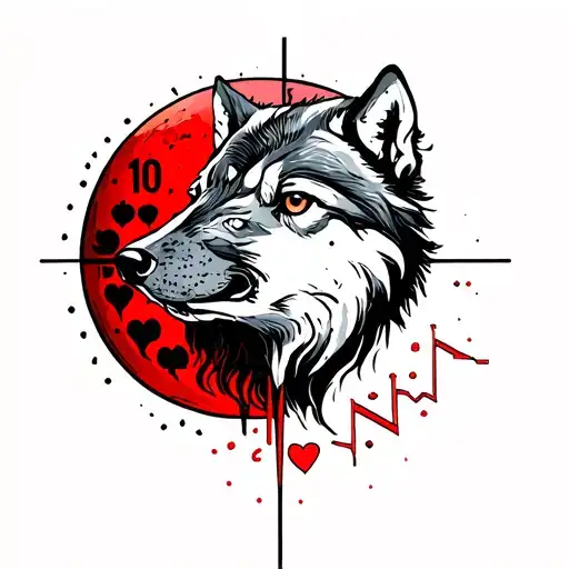 wolf, blood moon, time clock, heartbeat line tattoo design idea