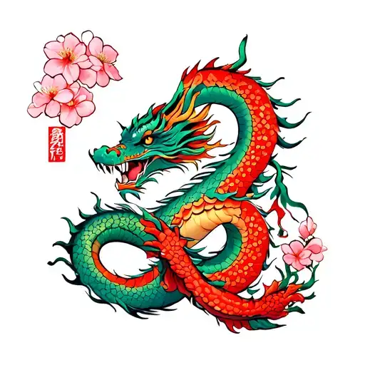 eastern dragon wrapped around arm and cherry blosoms and ikagai and tengu  tattoo design idea