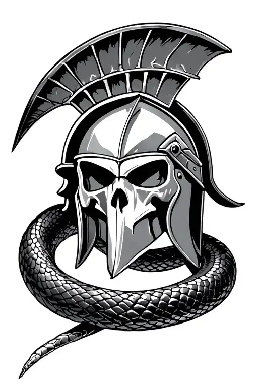 Spartan helmet snake skull tattoo design idea