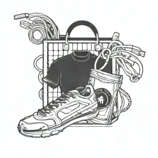 An elegant and detailed tattoo design of a shopping bag filled with gym equipment, blending the client's love for shopping and working out in a blackwork style tattoo design idea