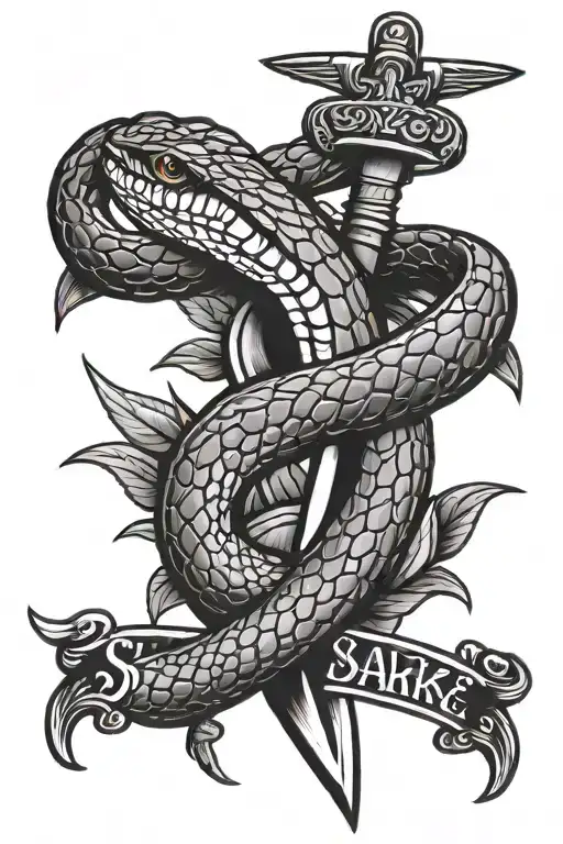 snake with dagger phrase tattoo design idea