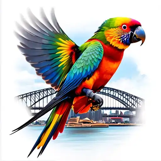 Rainbow lorikeet in flight with Sydney opera house and harbour bridge tattoo design idea