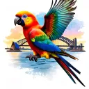 Rainbow lorikeet in flight with Sydney opera house and harbour bridge tattoo design idea