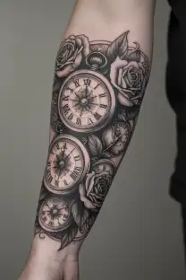 3 pocket watches, roses, compass, nautical, with 3 grandchildren birth dates and time of birth using roman numerials  tattoo design idea