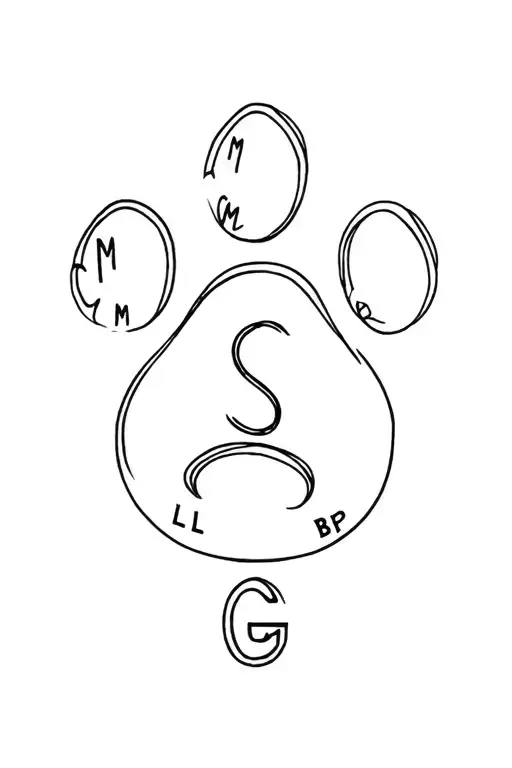 pawprint with letters C M L S B L P G, Shape of S incorporated tattoo design idea