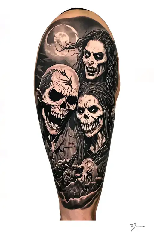jackle and Hyde, evil dead, sinister movie, background filling of graveyard finish leg sleeve tattoo design idea