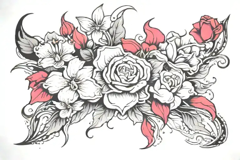 3/4 arm sleeve with night time celestial background in black and grey. Random red rose, purple orchid, and pink magnolia tattoo design idea
