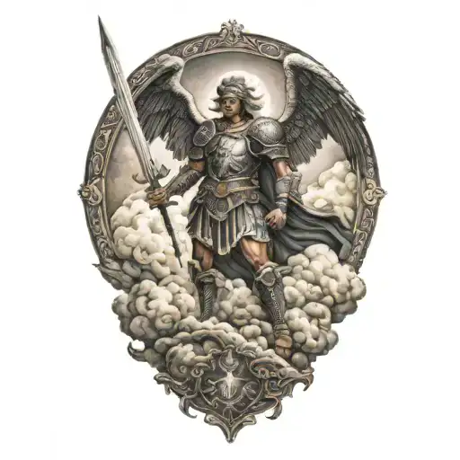 saint Michael on top of clouds with armor holding sword tattoo design idea