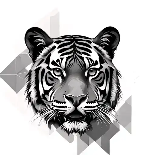 realistic tiger face with geometric background black tattoo design idea