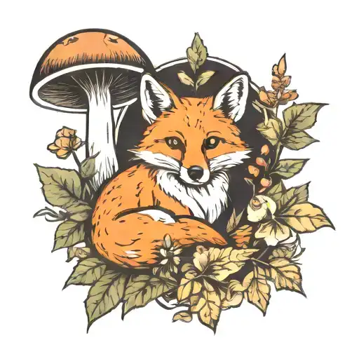 ginger fox surrounded by leaves and mushrooms tattoo design idea