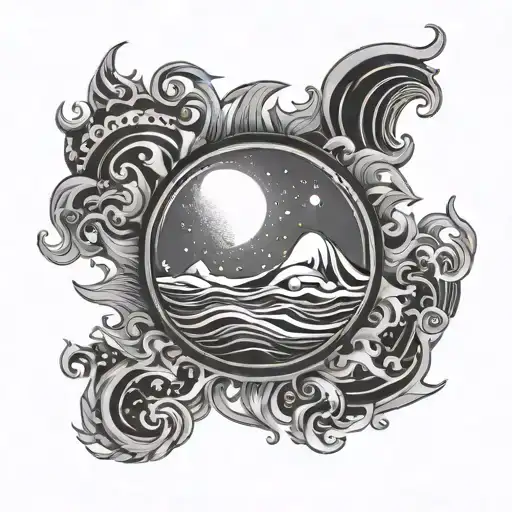 sun moon and waves, circular form, emphasis on moon  tattoo design idea