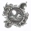 sun moon and waves, circular form, emphasis on moon  tattoo design idea