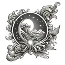 sun moon and waves, circular form, emphasis on moon  tattoo design idea