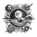 sun moon and waves, circular form, emphasis on moon  tattoo design idea