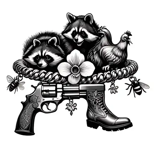 charm ankle bracelet with a gun, raccoon, orchid, chicken, bee, cowboy boot tattoo design idea