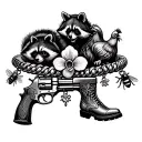 charm ankle bracelet with a gun, raccoon, orchid, chicken, bee, cowboy boot tattoo design idea