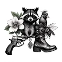charm ankle bracelet with a gun, raccoon, orchid, chicken, bee, cowboy boot tattoo design idea