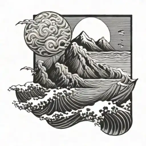 ocean waves and mountains tattoo design idea