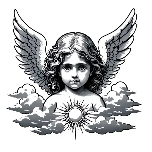 angel child face with wings ond throat tattoo with sun clouds over the angel tattoo design idea