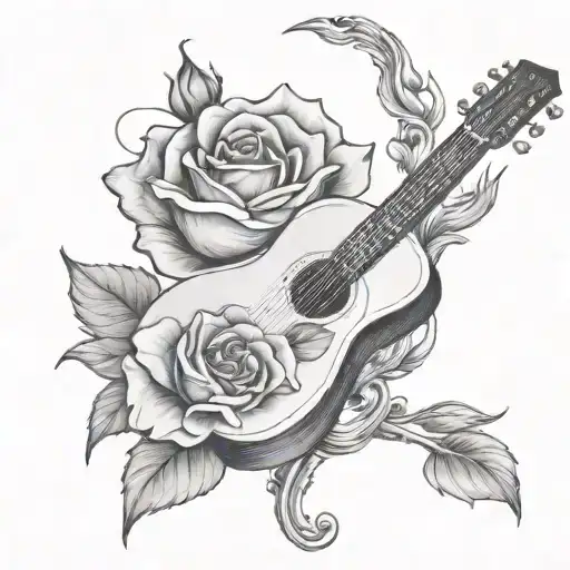 guitar with a rose instead of the neck of an acoustic guitar with hands playing on it tattoo design idea