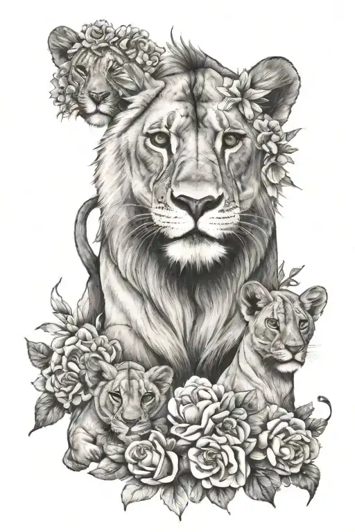 lioness with 2 cubs with flower tattoo design idea