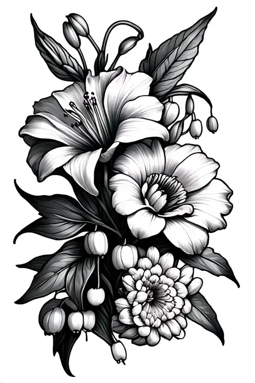 Gladiolus, lily of the valley and chrysanthemum intertwined  birth flower tattoo tattoo design idea