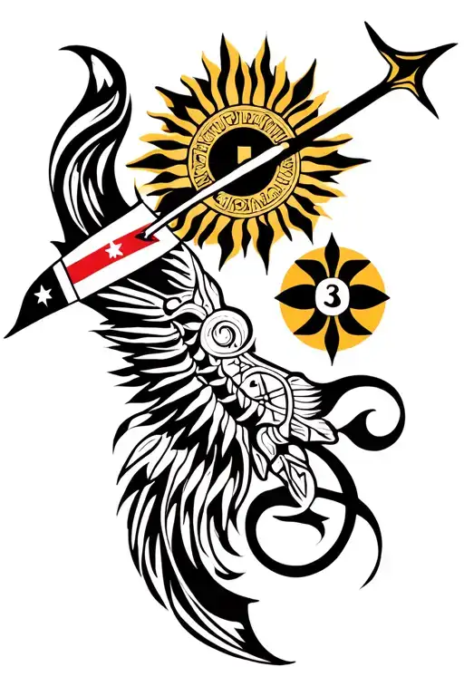 filipino tribal pattern incorporating elements and include philippine flag and sagittarius sign, also include sun and 3  tattoo design idea