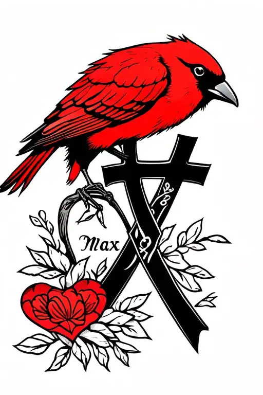 red bird with a cross and cancer ribbon with name max tattoo design idea