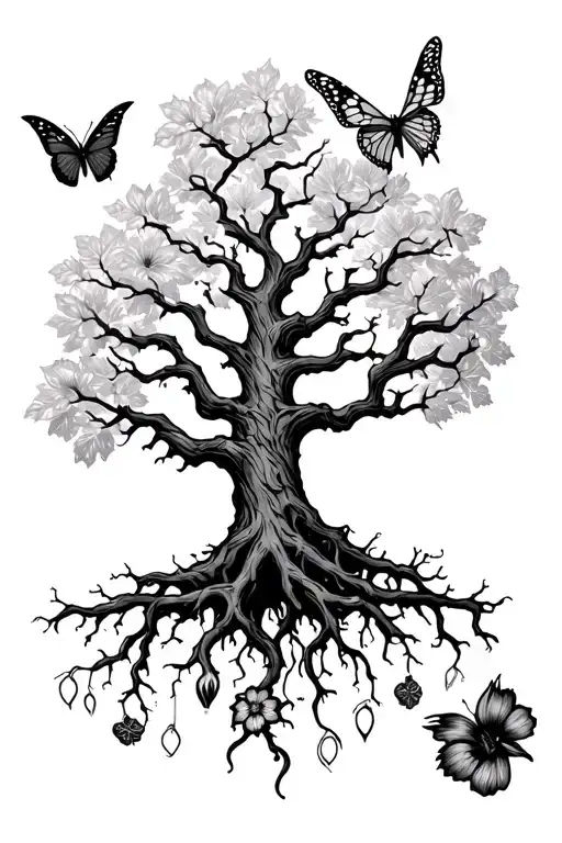poison tree as the main base, safety pin in the roots, maleficent horns, butterfly, semi colon, an owl, flower tattoo design idea
