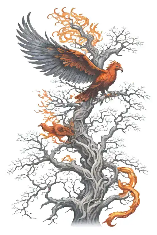 fiery Phoenix with family oak tree intertwined tattoo design idea