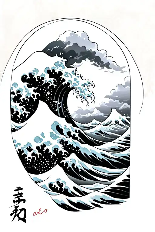Traditional Japanese tattoo featuring the great wave and the name "arlo" in katakana tattoo design idea