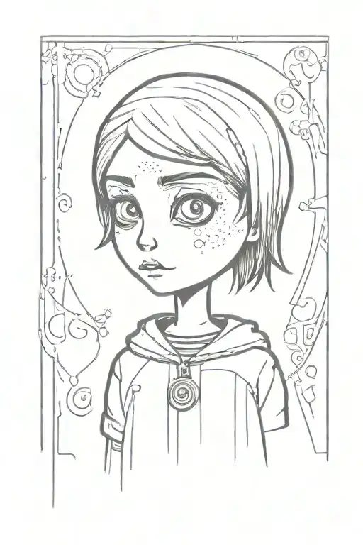 Coraline in the land of nightmares. Coraline in a scary style stands at full height. Instead of eyes - buttons tattoo design idea