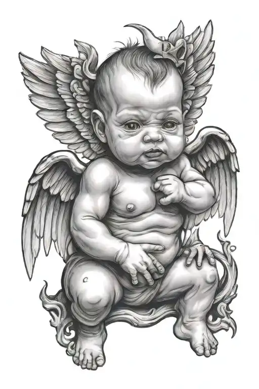 angel sad devil baby tattoo design idea