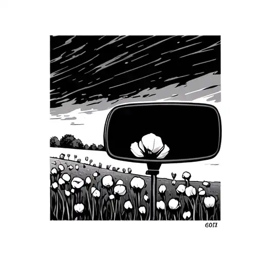 rear view mirror with cotton fields behind me tattoo design idea