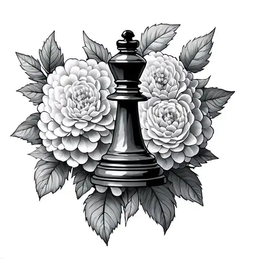 queen chess piece in a bed of hydrangeas tattoo design idea