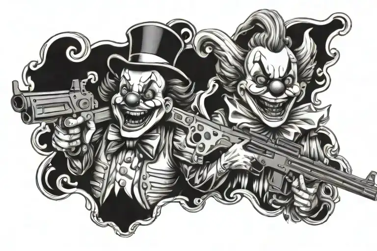 laughing angels and clown with gun tattoo design idea