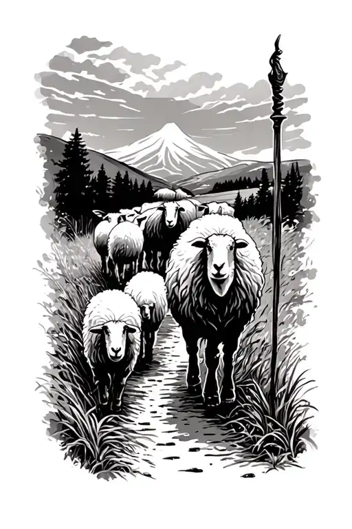 sleeve tat winding path starting at wrist with a shepherd’s staff standing tall Silhouettes of sheep walking tattoo design idea