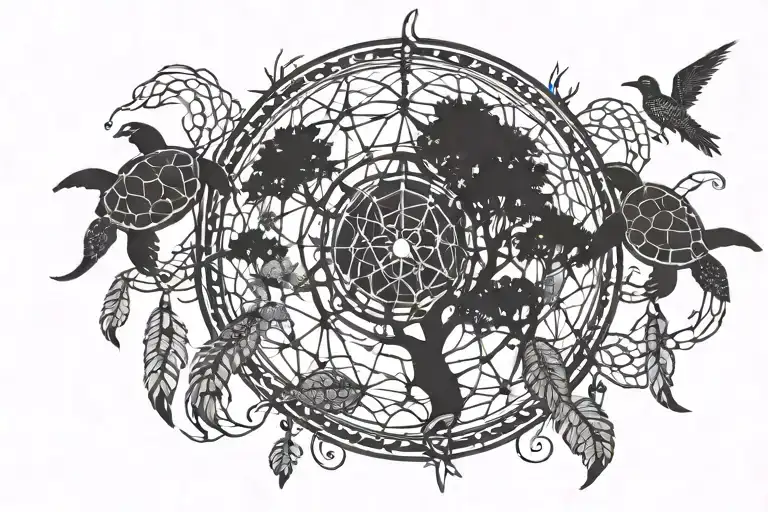 turtle dreamcatcher with tree of life inside surrounding and 3 baby turtles around the dream catcher tattoo design idea