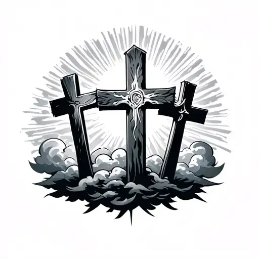 three crosses with clouds and sun rays coming tattoo design idea