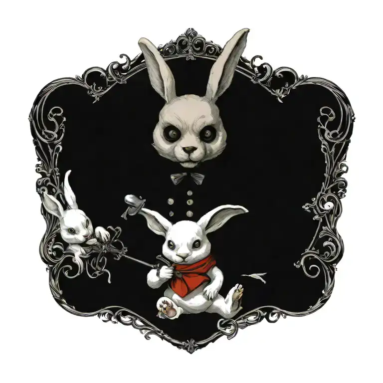 Teddy Bear that looks like an evil white rabbit with sly look holding key and calling sexy alice over to his rabbit hole tattoo design idea