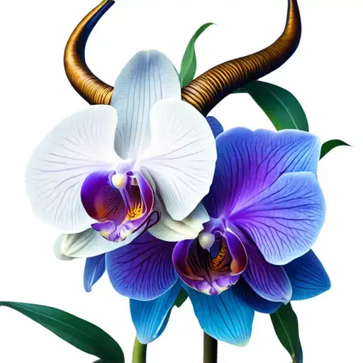 Capricorn and blue, purple, and white orchids tattoo design idea