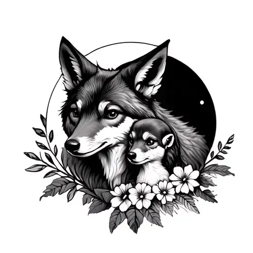 coyote and his baby with moon and flowers lorios rolos tattoo design idea