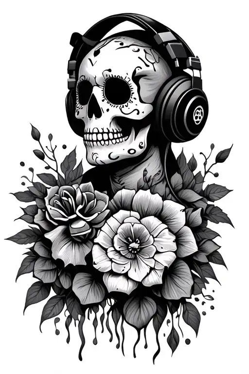 Sugar Skull wearing headphones tattoo design idea
