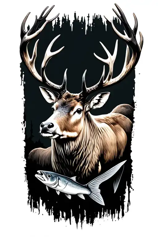 elk with perch fish  tattoo design idea