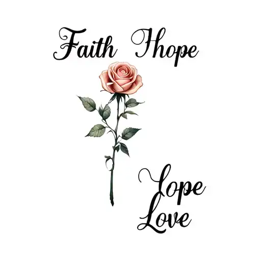 a rose tattoo with stem writen faith hope love in cursive tattoo design idea