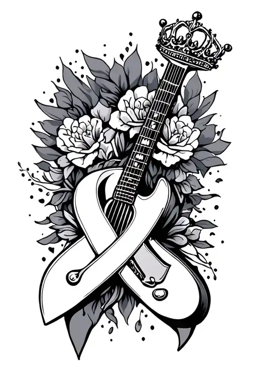 guitar breast cancer ribbon and feminine crown  tattoo design idea
